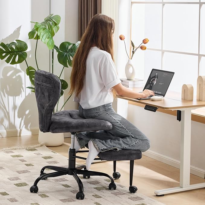 YFO Ergonomic Cross Legged Office Chair and ADHD Meditation Chair with Silent Wheels for Home Office Desk Chair and Yoga, Wider Backrest Support and Storage Pockets Design, Velvet Fabric, Grey