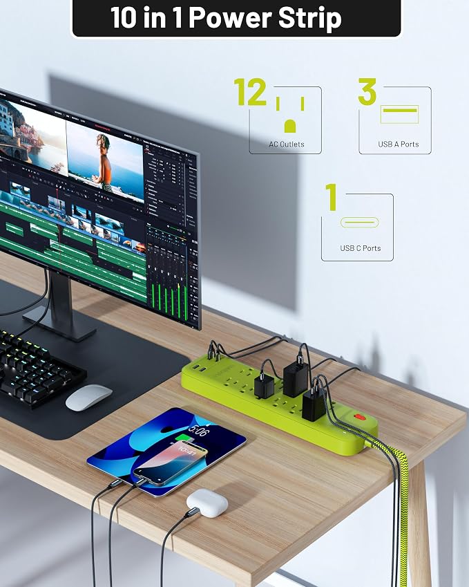 USB Surge Bar 12 Power Strip - 12 Outlets 4 USB Ports(1 USB C), Multi Plug Outlet Extender with 6Ft Braided Extension Cord, 3600 J, Wall Mount, Flat Plug, Desk Charging Station for Office Home