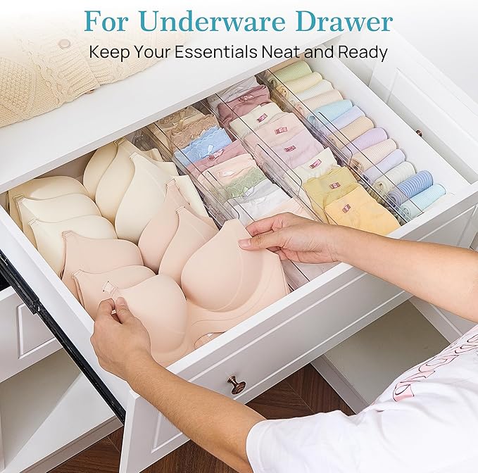 Vtopmart 12 Pack Drawer Dividers for Clothes, 4" High 10.2"-16.5" Adjustable Expandable Dresser Drawer Organizer, Clear Plastic Separators for Dresser, Baby Clothing, Underwear, Cosmetic, Toiletries