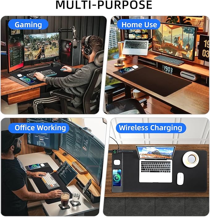 VOVIPO 3 in 1 Wireless Charging Mouse Pad, Gaming Mousepad with Wireless Charger Multiple Devices Compitable with Watch/iPhone/Airpods, Large Desk Mat 90 x 40cm,Desk Pad for MacBook, PC, Laptop-Black