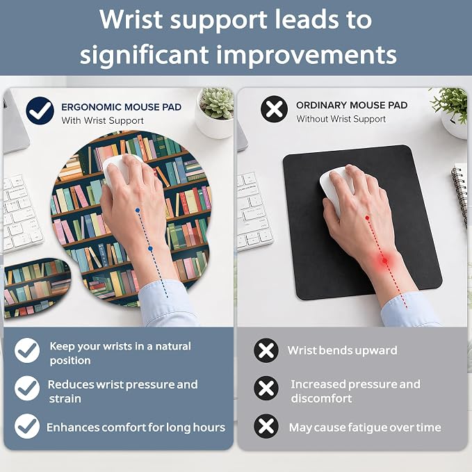 Bookshelf Ergonomic Keyboard and Mouse Wrist Rest Set, Library Book Mouse Pad with Non Slip Base, Soft Cloth Surface for Office and Home Typing Support