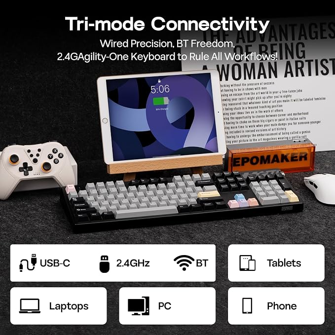 EPOMAKER TH108 PRO Full Size Mechanical Keyboard with Screen & Knob, Wireless Gaming Keyboard with 10000mAh, Creamy Gasket, Hot Swap, Custom Driver, RGB Backlight (Black, Sea Salt Silent)