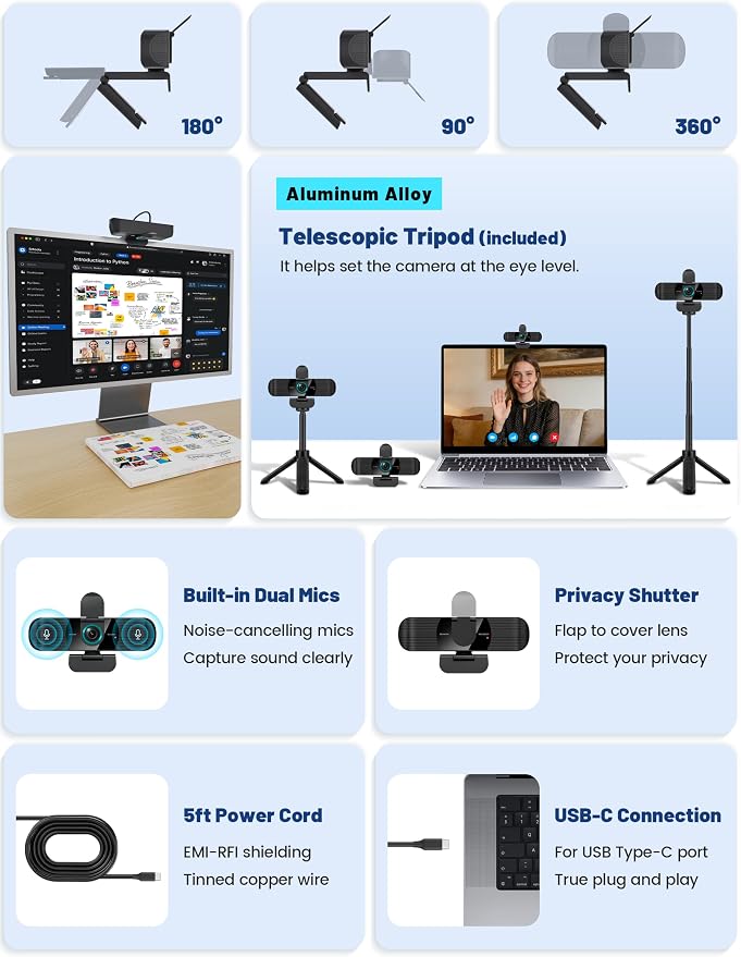 RUWBY Full HD 1080P Webcam with Built-in Dual Mics, Wide-Angle Lens, Privacy Cover, Tripod Stand, Autofocus PC Camera, Plug and Play for Desktop Computer or Laptop