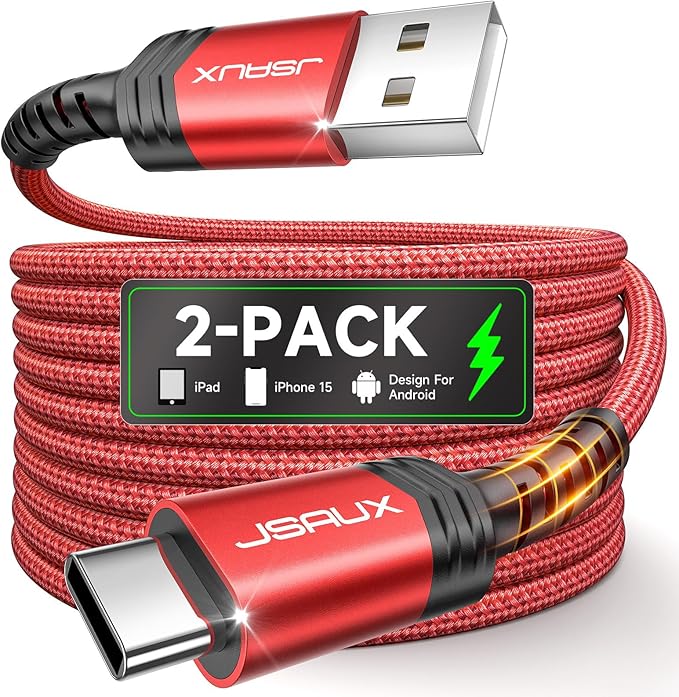 JSAUX USB C Cable [2-Pack 10ft], USB A to USB Cord Fast Charging for iPhone 17e, iPhone Air, iPhone 17, iPhone 17 Pro Max, iPhone 16/iPhone 15 Series, Samsung S20 S10, Note 20 10, Car Play - Red