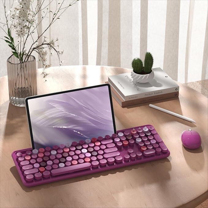 MPTOG Colorful Wireless Computer Keyboard and Mouse Combo with Phone Holder, Wrist Rest, Typewriter Keys, 2.4GHz Wireless, Full-Sized Optical Mouse for PC and Laptop (Rose-Red)