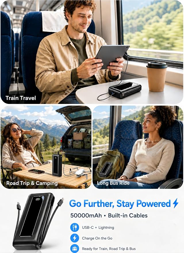 Portable Charger Power Bank 50000mAh, 22.5W PD Fast Charging Battery Pack with Built-in USB-C/iOS Cables, Flashlight, Camping Travel Essential for iPhone 17/16/15, MacBook, Samsung - Ebony