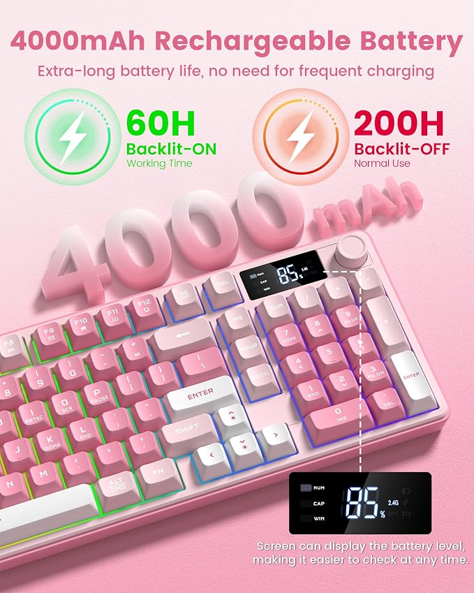 Keymatic Gaming Keyboard Wireless Creamy Keyboard with Media Knob & Screen Cute Keyboard Mechanical Feeling Membrane Keyboard with Number Pad RGB Backlit Tri-Mode BT/2.4GHz/USB-C - Pink