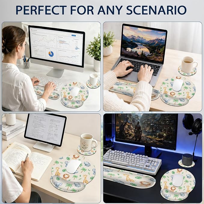 Cute Animals Ergonomic Keyboard and Mouse Wrist Rest Set, Lions Giraffes Elephants Mouse Pad with Non Slip Base, Soft Cloth Surface for Office and Home Typing Support