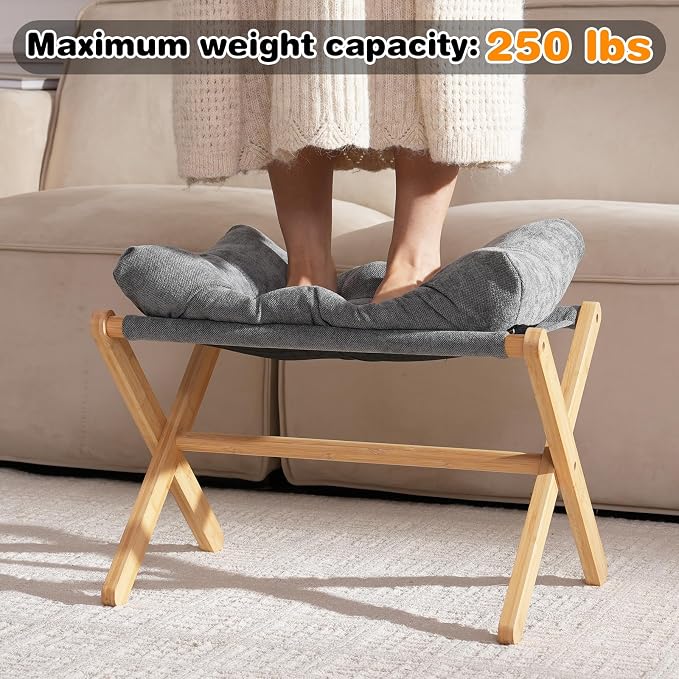 Baveke Folding Upholstered Footrest Stool, Small Accent Ottoman with Thick Cotton Cushion & Bamboo X Legs, Modern Padded Sofa Stool for Makeup Bedroom Living Room, Grey