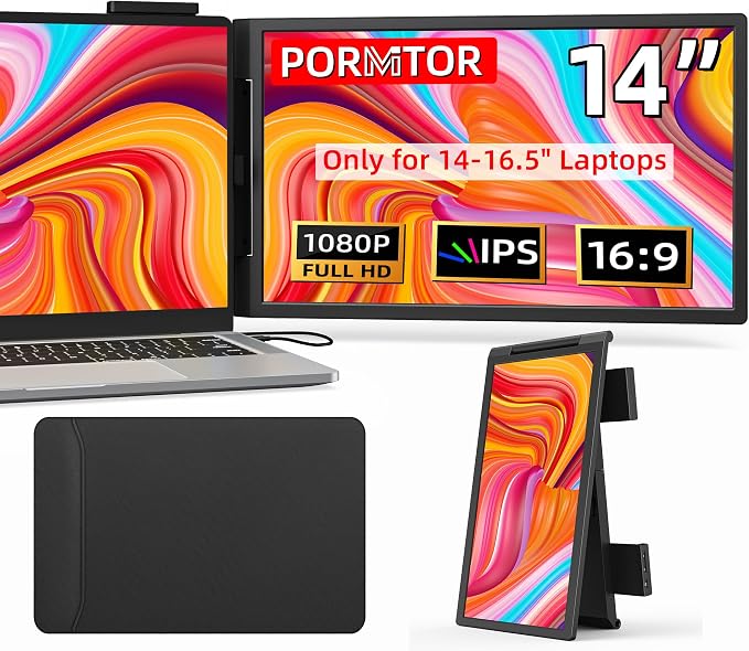 Laptop Screen Extender, 14" FHD IPS 1080P Portable Monitor for Laptop Mini HDMI/Type-C PC Display Extender Fits 14"-16.5" Laptops,Plug & Play for Windows/Mac/Android/Switch/PS5