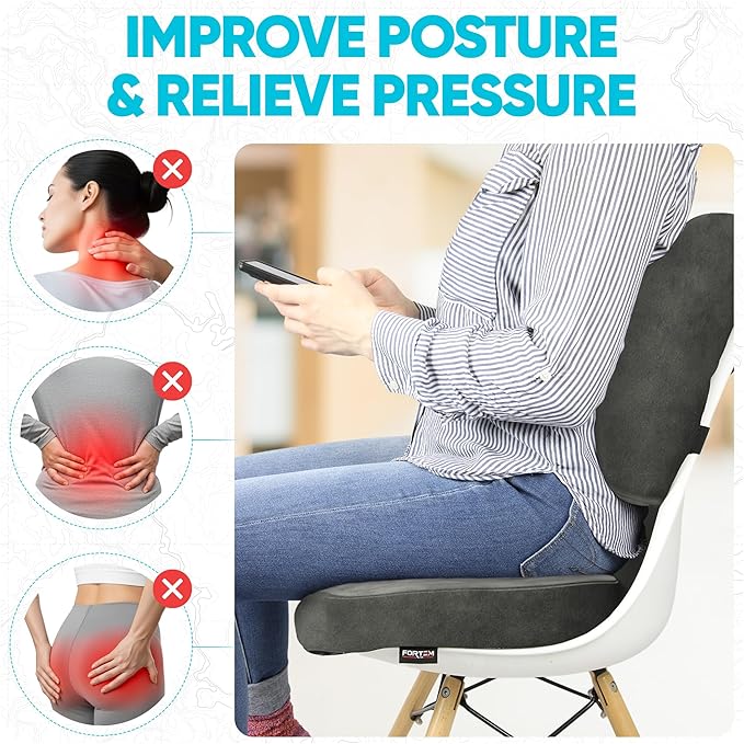 FORTEM Seat Cushion, Office Chair Cushion, Lumbar Support Pillow for Office Chair, Memory Foam Car Seat Cushions, Sciatica Coccyx Tailbone Pain Relief, Cushions for Back Support, Washable, Non Slip