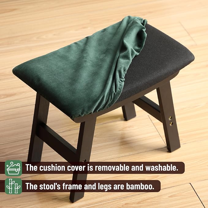 BAMBOO LAND- Bamboo Foot Stools Ottoman, Green Cushion & Black Wood Legs, Small Ottoman Foot Rest for Couch
