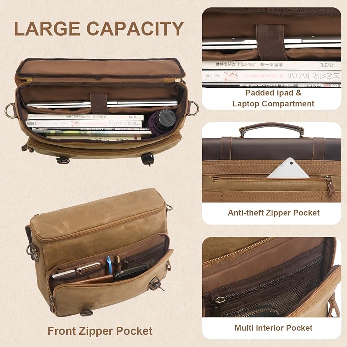 Mens Messenger Bag Waxed Canvas Laptop Briefcase 16“ Vintage Genuine Leather Crossbody Bags Waterproof Satchel Shoulder Bag