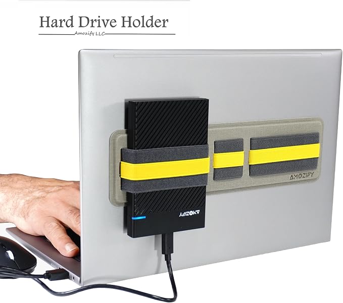 AMOZIFY® Space-Efficient Anti-Slip Organizer, Mouse Holder for Laptop Stick On, 3-Slot Band Laptop Pocket Adhesive | Hard Drive Holder (Gray-Yellow)