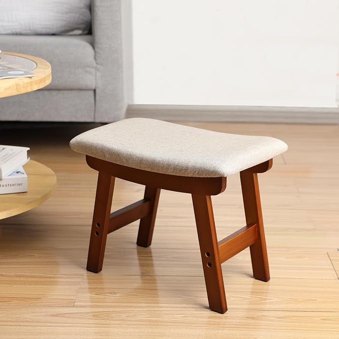 BAMBOO LAND- Bamboo Foot Stools Ottoman, Beige Cushion & Brown Wood Legs, Small Ottoman Foot Rest for Couch