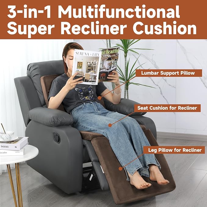 HOMBYS 3-in-1 Recliner Seat Cushion with Lumbar Support Pillow & Footrest, Multi-Functional Adjustable Height 2" to 6" for You to Choose, Non-Slip Foam Chair Cushion for Elderly, Brown