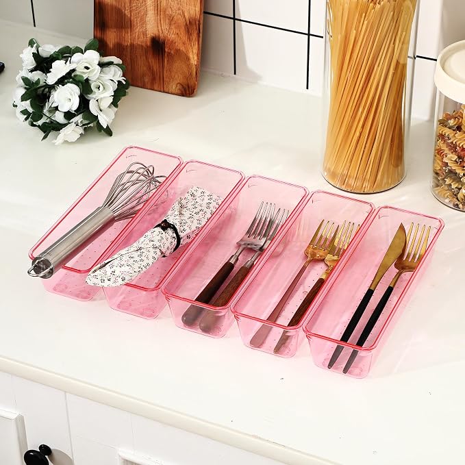 Maitys 12 Pcs Clear Drawer Organizer 9 x 3 x 2 Inches Plastic Rectangle Trays Makeup Vanity Storage Bins and Kitchen Drawers Dividers for Office Desk Silverware Kitchen Utensils(Pink)