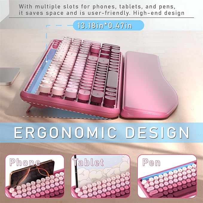 MPTOG Colorful Wireless Computer Keyboard and Mouse Combo with Phone Holder, Wrist Rest, Typewriter Keys, 2.4GHz Wireless, Full-Sized Optical Mouse for PC and Laptop(Rose-Red Colorful)