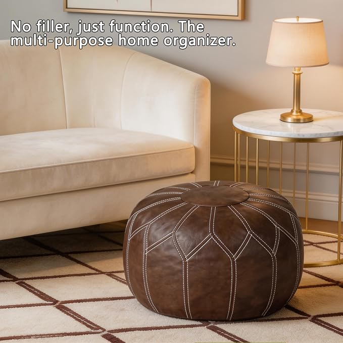 Thgonwid Unstuffed Moroccan Faux Leather Pouf Ottoman with Storage - Handmade Boho Chic Multi-Use Footrest for Living Room, Bedroom, Patio - Round Ethnic Floor Cushion & Decorative Accent, Deep Coffee