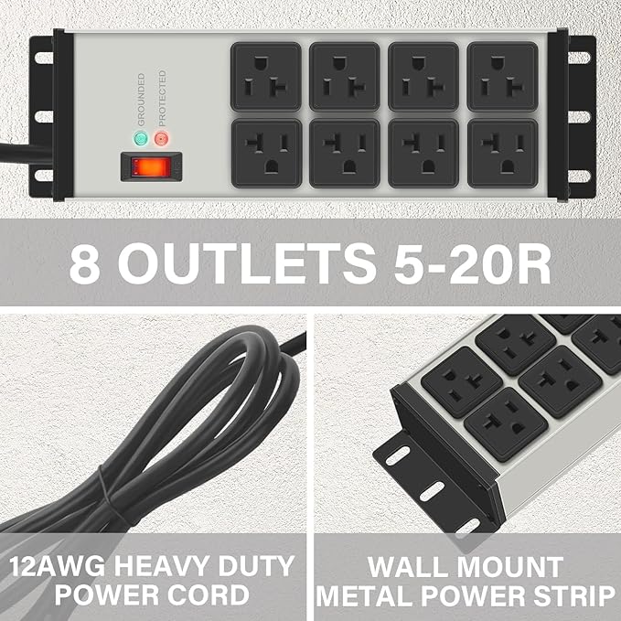 CCCEI Heavy Duty Power Strip Surge Protector 20 AMP Switch, 12 Gauge Extension Cord with Multiple Outlets, Industrial, Shop, Garage High Amp Wall Mount Electric Extender. 10FT, Grey.