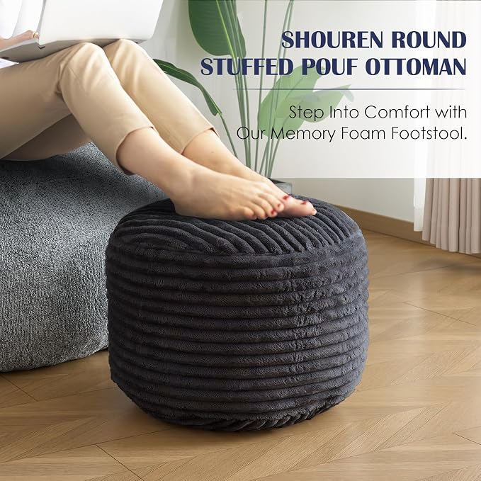 Round Ottoman,Corduroy Pouf Ottoman Foot Rest,Storage Footstool for Living Room,18x14 Soft Floor Poufs,Memory Foam Filling - Dark Grey, 18x14 in