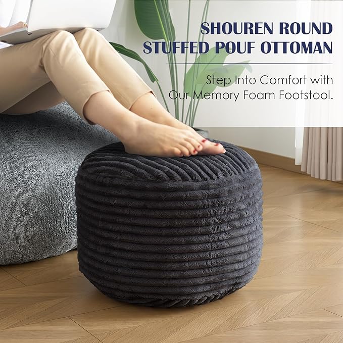SHOUREN Stuffed Round Ottoman,Corduroy Pouf Ottoman Foot Rest with Foam Filling,Pouf Storage Ottoman Footstool for Living Room,20 X 15 Floor Poufs for Couch - 20 X 15 Inches,Dark Grey