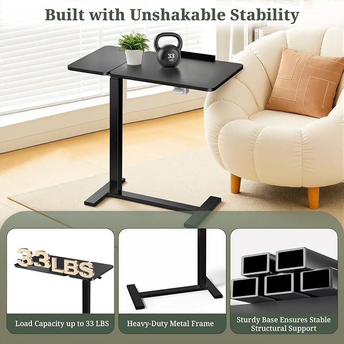 Mobile Standing Desk with Hidden Casters, Adjustable Height Desk, Portable Laptop Computer Table with Tilting Top, for Sit Stand Workstation, Compact and Sturdy for Home, Office, Dorm, Black