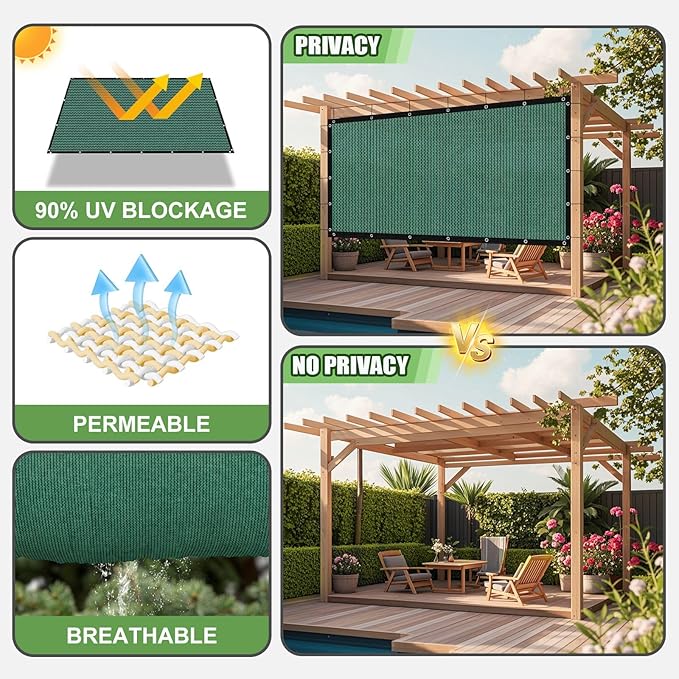 90% Outdoor Sun Shade Cloth, 6' x 12' Pergola Shade Cover with Grommets, Privacy Screen Sunshades for Patio Garden Backyard Plant, Green