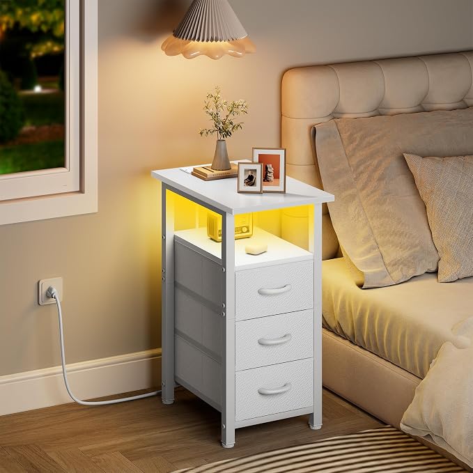 Vagusicc White Nightstand with Charging Station and LED Lights, Narrow End Table, LED Nightstand with 3 Fabric Drawers for Bedroom, Small Bedside Table, Narrow Side Table for Small Spaces, White