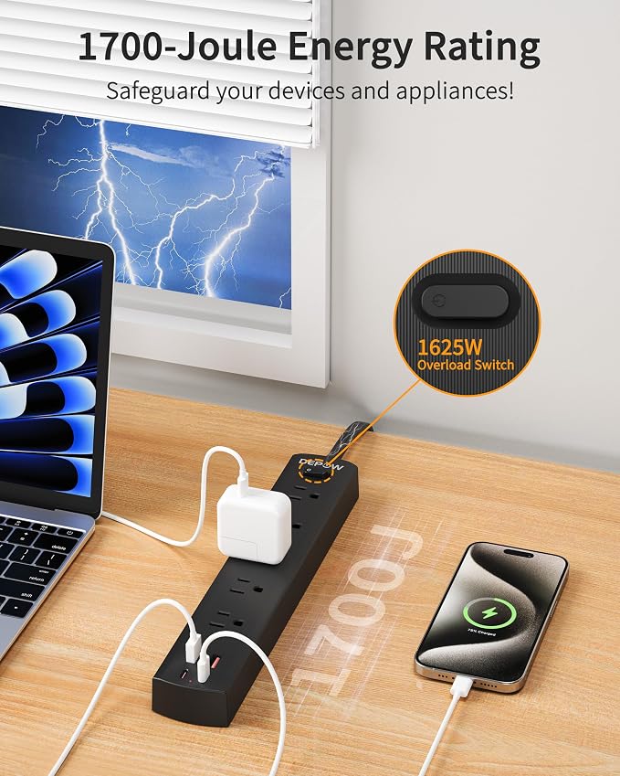 DEPOW Black Surge Protector Power Strip, Ultra Thin 5 Ft Flat Plug Extension Cord, 1700 Joules, 5 Widely Spaced Outlets with 4 USB Ports (2USB-C), 1625W/13A, Wall Mount for Home Office, Black