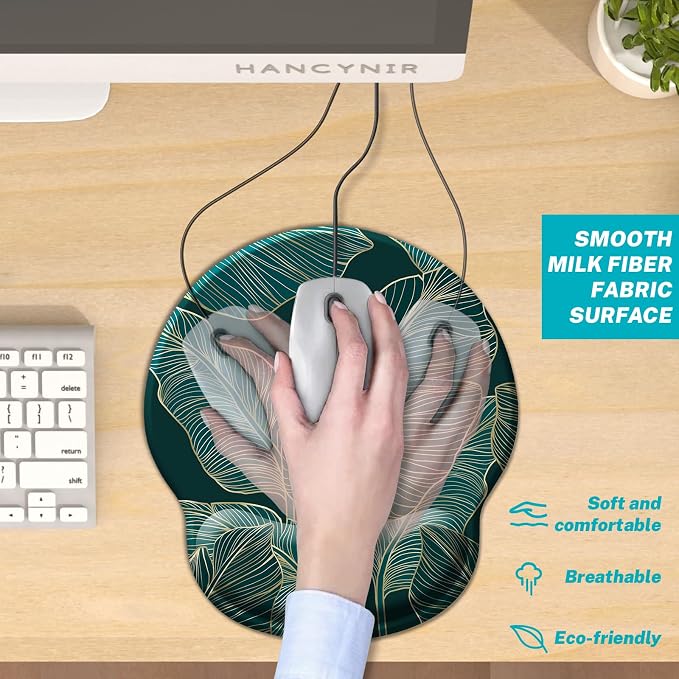 Hancynir Ergonomic Mouse Pad Wrist Support, Green Tropical Leaves Mouse Pads with Wrist Rest, Computer Mousepad for Gaming with Non-Slip PU Base, Comfortable Mouse Pad Office Decor Desk Accessories
