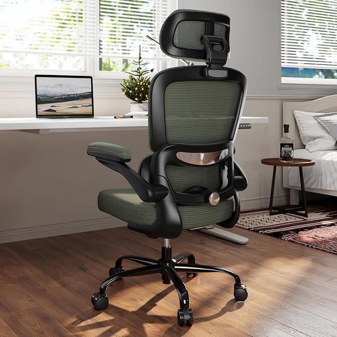 TRALT Ergonomic Office Chair - Desk Chair with Adjustable Headrest Lumbar Support Computer Chair - Mesh Comfy Chair with Flip-up Armrests - Gaming Chairs for Adults Home Office (Leather, Dark Green)