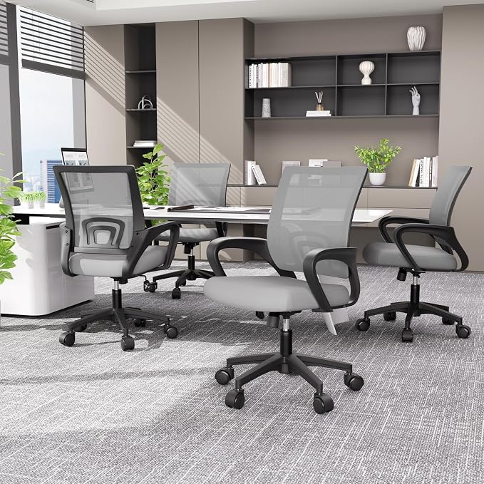 Magshion Ergonomic Office Desk Chair, Mid-Back Mesh Computer Chair, Swivel Chair with Breathable Backrest & Lumbar Support, Adjustable Height for Gaming, Work, Study, 300 Lbs Capacity, Light Gray