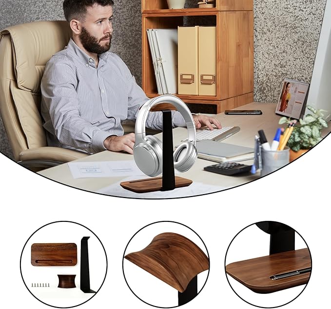 Walnut Wood Headphone Stand,Headphone Rack with Storage Base Plate,Headphones Holder for Study Rooms,Gaming Spaces,Desktop,Office