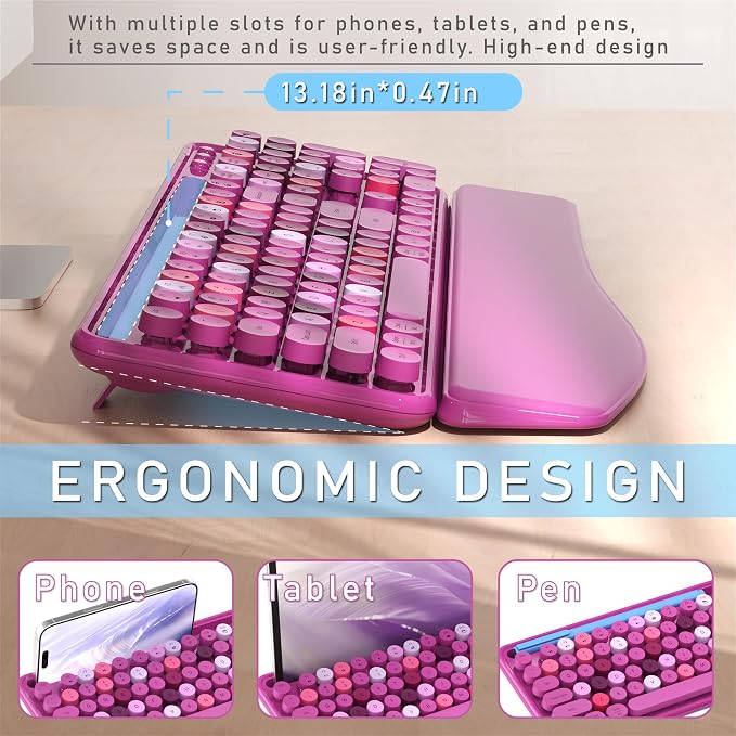 MPTOG Colorful Wireless Computer Keyboard and Mouse Combo with Phone Holder, Wrist Rest, Typewriter Keys, 2.4GHz Wireless, Full-Sized Optical Mouse for PC and Laptop (Rose-Red)