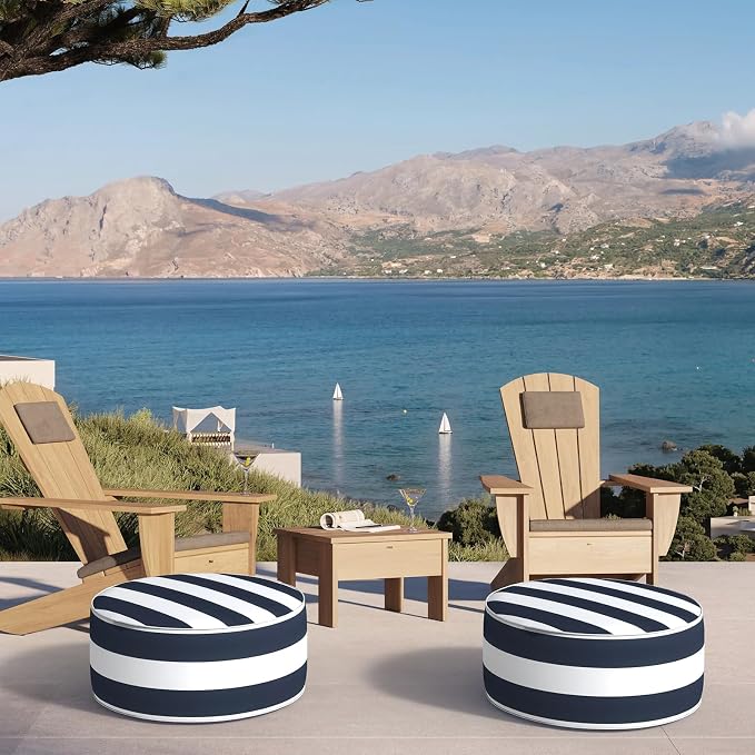 DYTXIII Inflatable Ottoman Stool D21 xH9 for Outdoor/Indoor Use, Water Repellent Patio Foot Rest Stool with Portable Handle,Round Pouf Ottoman Suitable for Garden,Deck and Camping - Cabana Navy