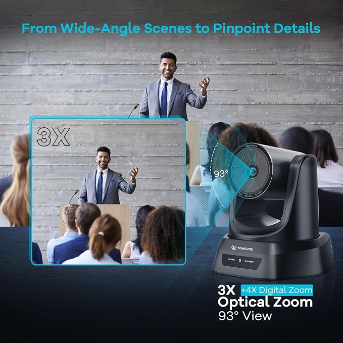 TONGVEO 3X Optical Zoom PTZ Camera AI Auto-Tracking HDMI USB 3.0 1080P 60fps Wide-Angle for Video Conference Business Meeting Live Streaming Online Learn with Zoom YouTube Teams OBS and More