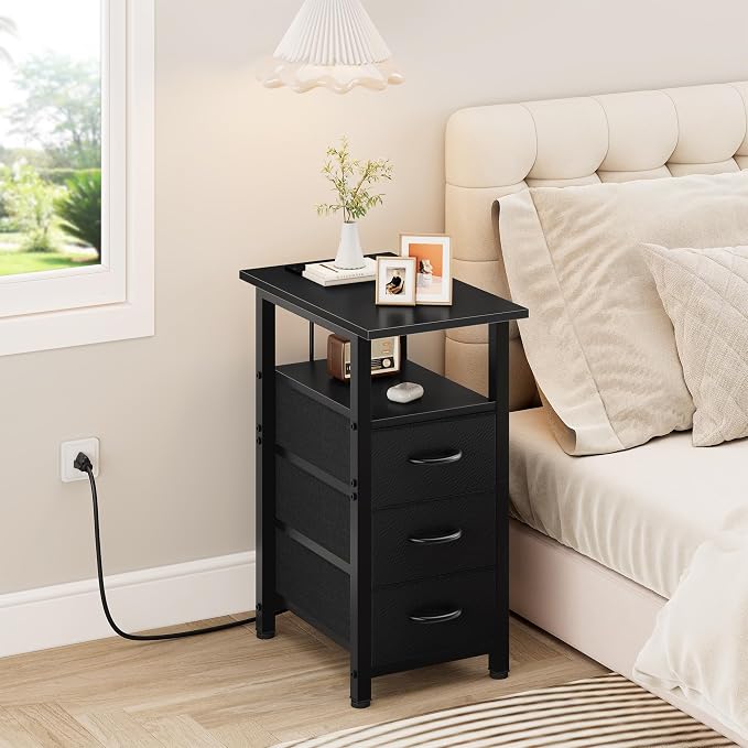 Vagusicc Black End Table with Charging Station, Narrow Side Table, 25.2'' Tall Narrow Nightstand with 3 Fabric Drawers, Slim Sofa Side Table for Small Spaces, Small Night Stand for Bedroom, Black