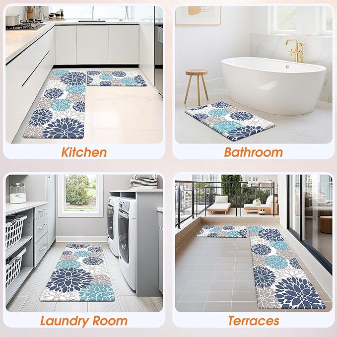StepLively Kitchen Mats for Floor, Anti Fatigue Mats for Kitchen Floor, Kitchen Decor and Accessories Non Slip Washable Mats Set of 2 for Sink, Office, Laundry, 17.3"×30"+17.3"×59", Blue and White