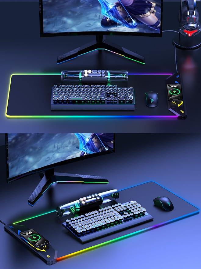 TopMade Wireless Charging Mouse Pad, RGB Gaming Mousepad, 35.4" x 15.8" Extra Large Waterproof Keyboard Desk Pad, Cool Computer Desk Mat, Black (Includes 20W PD Power Adapter & 6.56ft Woven Cable)
