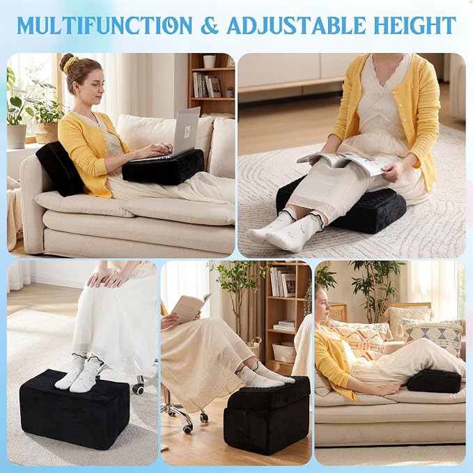 Novabright Foot Rest Under Desk, 3 Height Adjustable Ergonomic Foot Stool with Gel Textured Top and Cozy Pocket, Non-Slip Foam Footrest for Office Home Car(17" X 11" X 17",Cambered,Black)