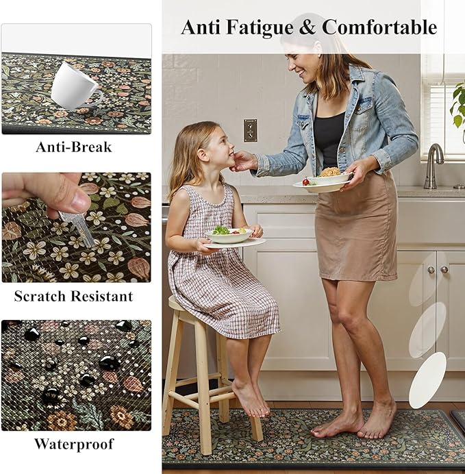 Collive Kitchen Mats for Floor 2PCS, Cushioned Anti Fatigue Mat Non Slip Waterproof Kitchen Sink Rugs, Washable Vintage Spring Floral Rug Comfort Standing Mat for Laundry, Desk, Bar, Office, Black