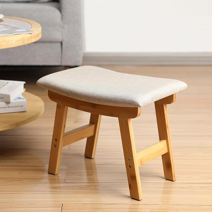 BAMBOO LAND- Bamboo Foot Stools Ottoman, Beige Cushion & Natural Wood Legs, Small Ottoman Foot Rest for Couch