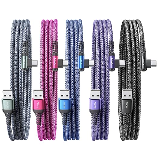 AINOPE USB to USB C Cable [5-Pack, 6.6ft] 3.1A Type C Charger Fast Charging, Right Angle USB to C Cable for Galaxy A15 A25 A35 A55 A54, S10+ S10 S9, Note 20 10 9, LG V30, Moto G, Multicolored