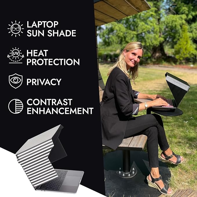 4-in-1 Laptop Screen Shade – Original Slim Hood – Sun, Privacy, Heat & Contrast Protection, Lightweight & Travel-Friendly, Fits 15–16” MacBook & PC, Patented, Striped