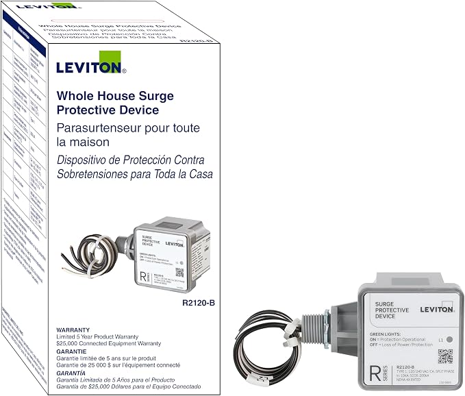 Leviton Type 1 Surge Protective Panel, Residential Home Surge Protection, 120/240 VAC, Split Phase, 36kA per Phase, R2120-B SPD (Pack of 3)