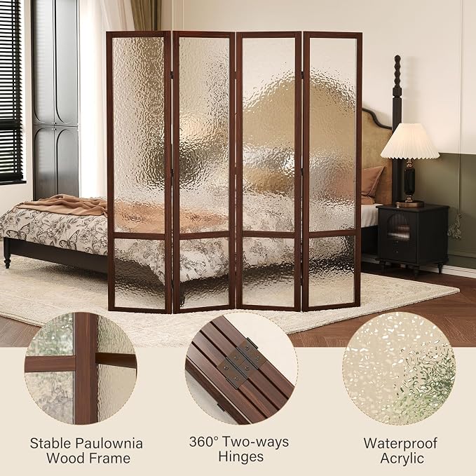Acrylic Room Divider, 4-Panel Freestanding Partition Screen, Frosted Translucent Privacy Panel - Lightweight Modern Divider for Home Office Studio (Walnut, 4 Panels)