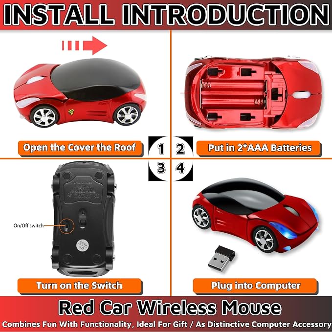 HuGuWdy Cute Mouse Wireless Red，2.4G with USB Reciver 1600DPI Car Mouse for Computer Wireless USB for Laptop Computer Tablet for Windows for Mac OS for Her for Christmas（Red）