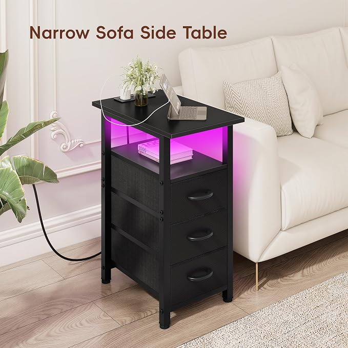 Vagusicc Set of 2 Black Nightstand with Charging Station and LED Lights, Narrow End Table, LED Night Stand with 3 Fabric Drawers for Bedroom, Small Bedside Table, Narrow Side Table for Small Spaces