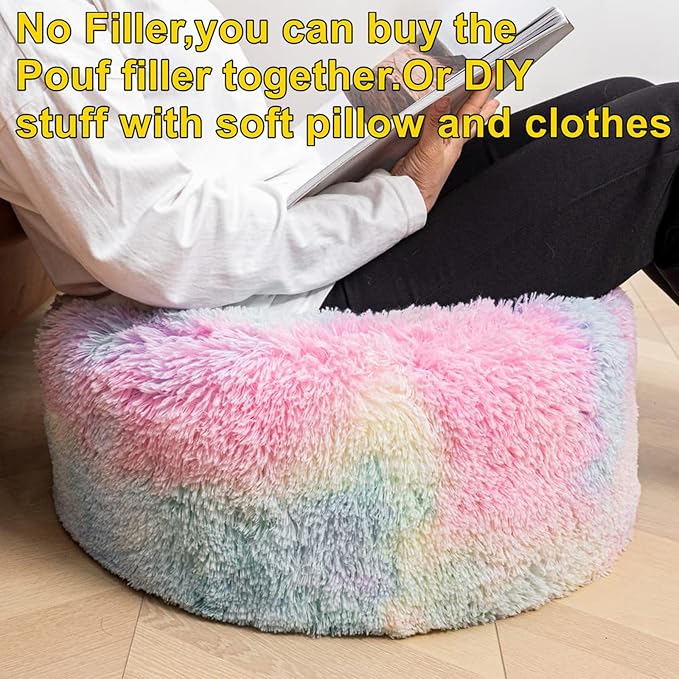 Asuprui Pouf Ottoman Unstuffed Round Bean Bag Poof Ottoman Seat Soft Faux Fur Footrest Stool 20x20x12 Inches Fuzzy Chair Floor Chair Foot Rest with Storage for Living Room Bedroom Rainbow Pouf Cover